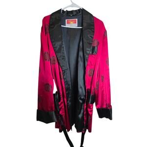 Vintage 60s Red Satin Smoking Jacket - MCM Chinese Medallion Lounge Robe Size L